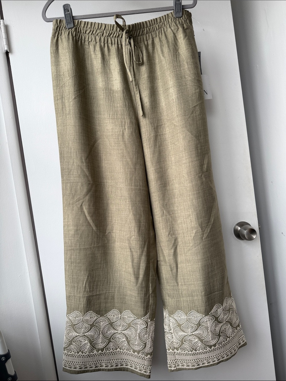 Anthropologie Olive Wide-Leg Pants with White Hem Embroidery